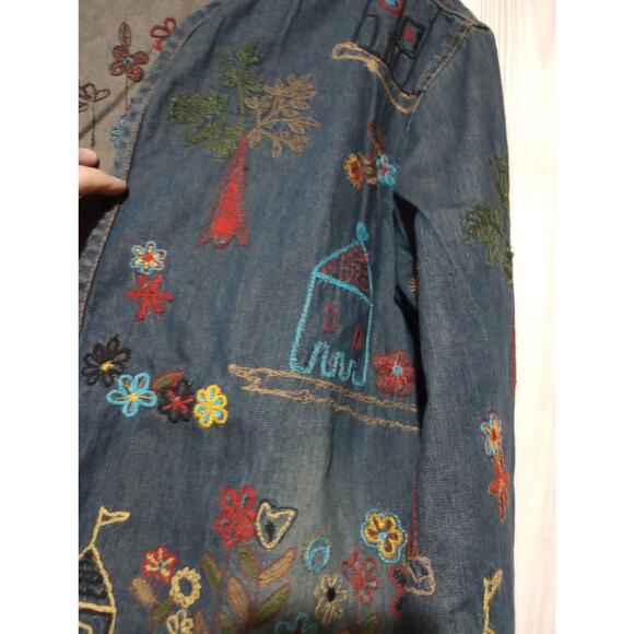 Chicos Jacket Womens 2 Blue Embroidered Boho Open Front Cotton Floral Houses - Picture 3 of 7